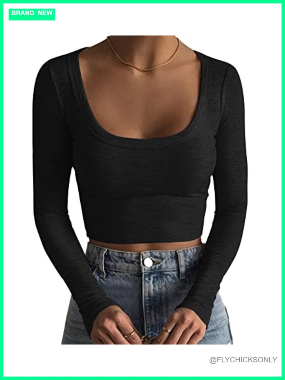 Women's Ribbed Knit Square Neck Long Sleeve Crop Top